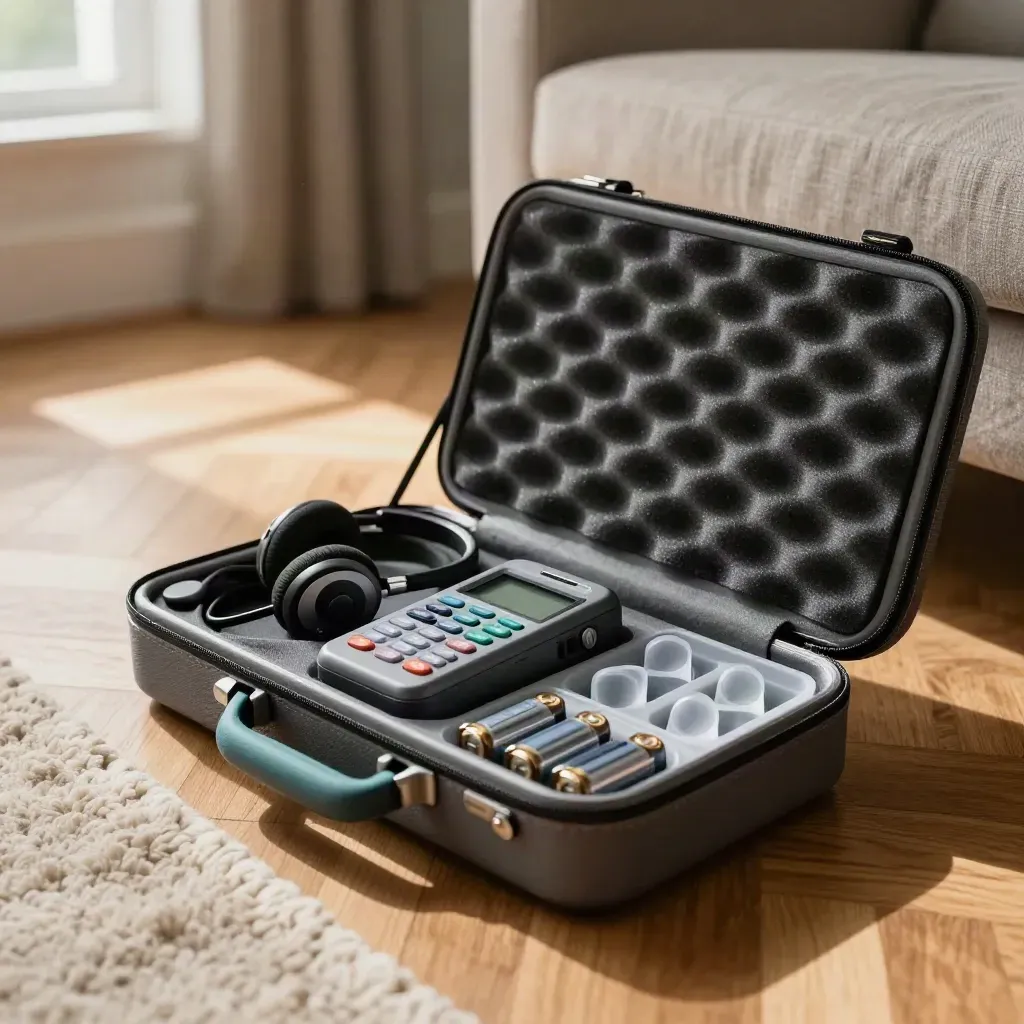 Kit domiciliare per visite a casa con audiometro portatile e cuffie su parquet in salotto