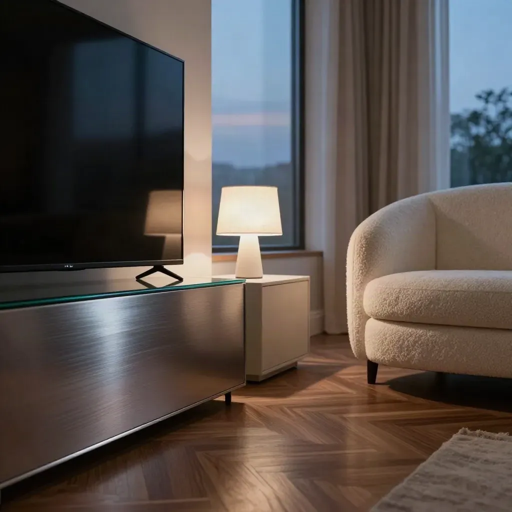 Salotto serale vuoto con TV, soundbar, poltrona e lampada, luce blu e calore domestico.