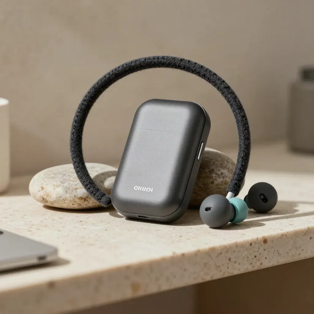Generatore sonoro, auricolari open-fit, pietra levigata e feltro in macro tattile.