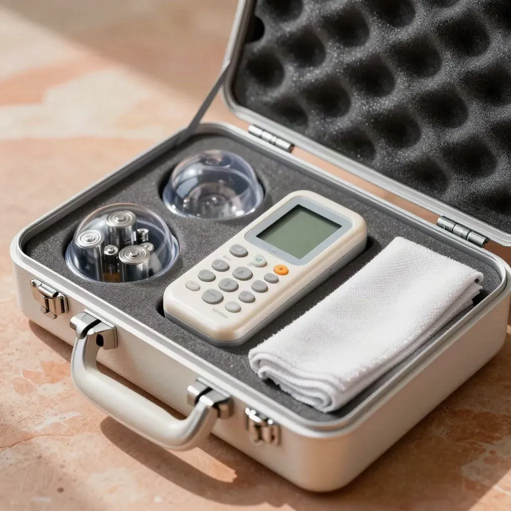 Kit audiologico da visita domiciliare aperto con audiometro portatile e accessori su pietra calda.