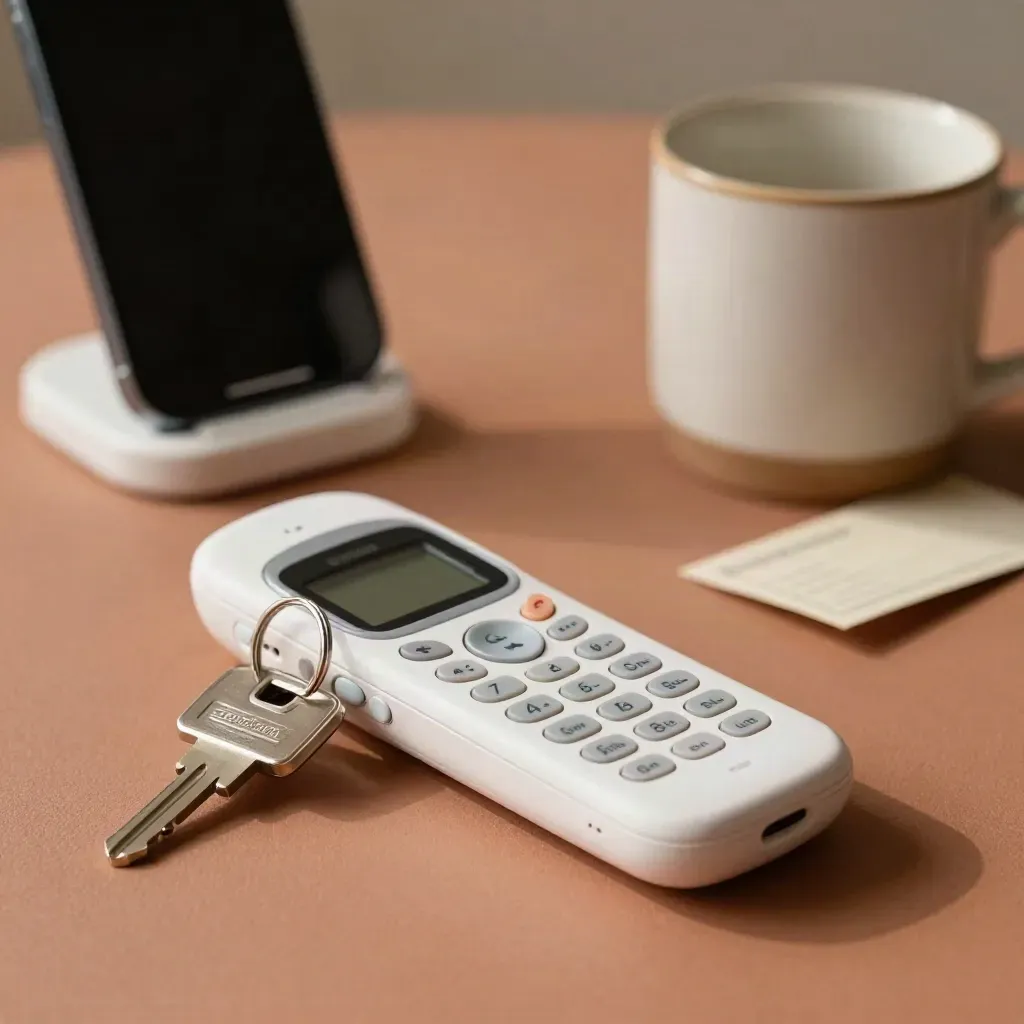 Telefono cordless, chiavi di casa, supporto smartphone e tazza in ceramica su sfondo chiaro.