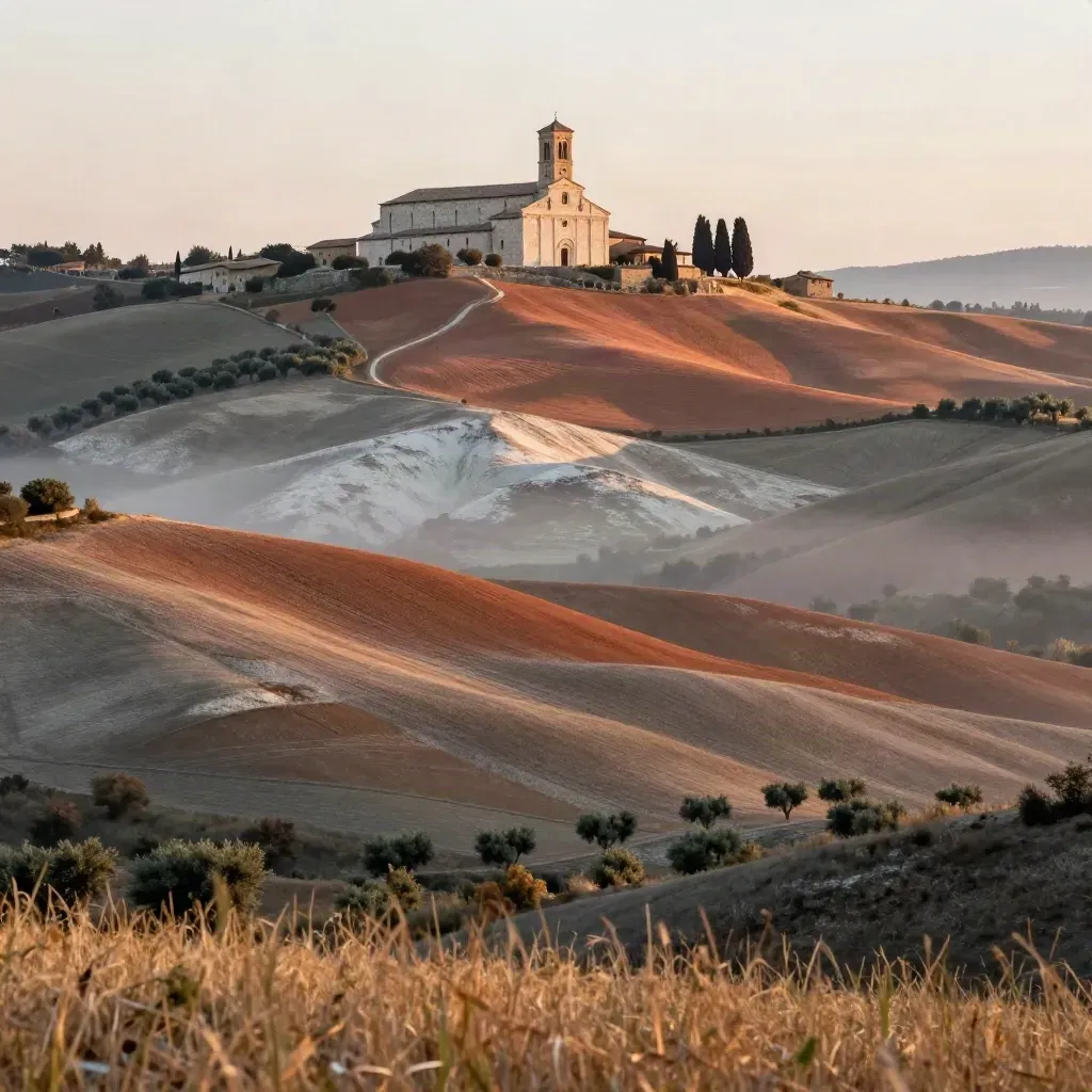 Collina emiliana al tramonto con la basilica di San Luca in alto e campi morbidi sotto